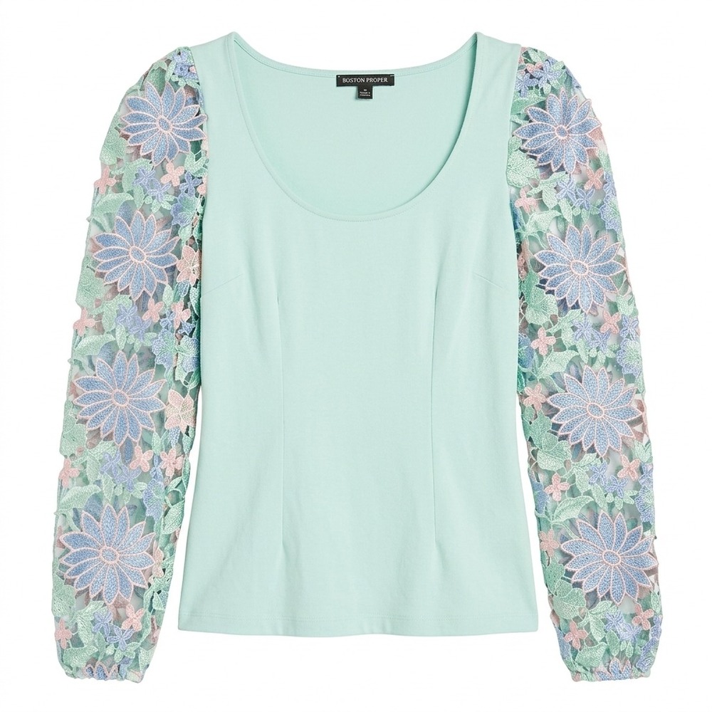 Boston Proper Coquette Floral Crochet Lace Sleeve Top Women Medium Cottagecore